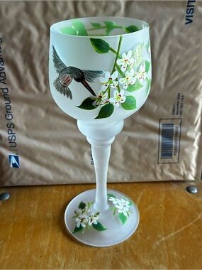 Hand-Painted Frosted Glass Goblet with Hummingbird & Floral Motif